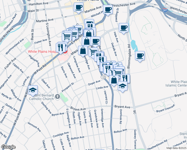 map of restaurants, bars, coffee shops, grocery stores, and more near 41 Greenridge Avenue in White Plains