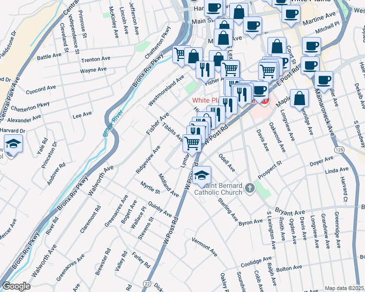 map of restaurants, bars, coffee shops, grocery stores, and more near 1 Orchard Parkway in White Plains