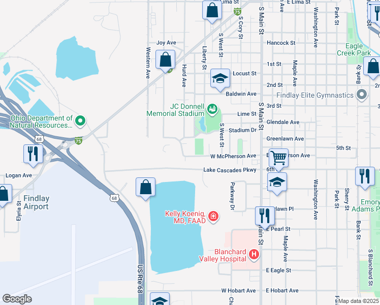 map of restaurants, bars, coffee shops, grocery stores, and more near 420 West McPherson Avenue in Findlay