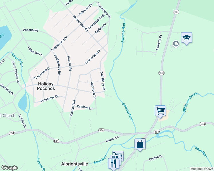 map of restaurants, bars, coffee shops, grocery stores, and more near 16 Trail Ridge Road in Albrightsville