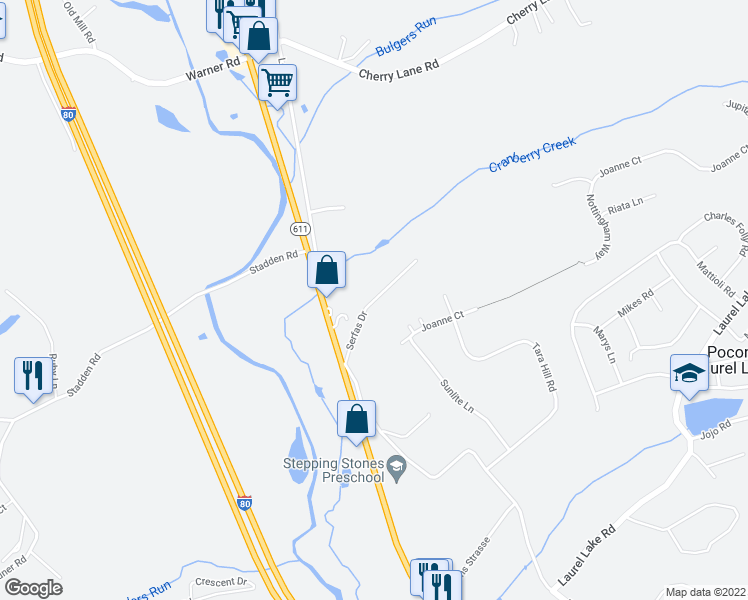 map of restaurants, bars, coffee shops, grocery stores, and more near Serfas Drive in Stroudsburg