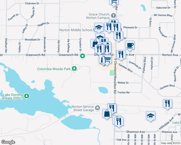 map of restaurants, bars, coffee shops, grocery stores, and more near 3343 Columbia Woods Drive in Norton