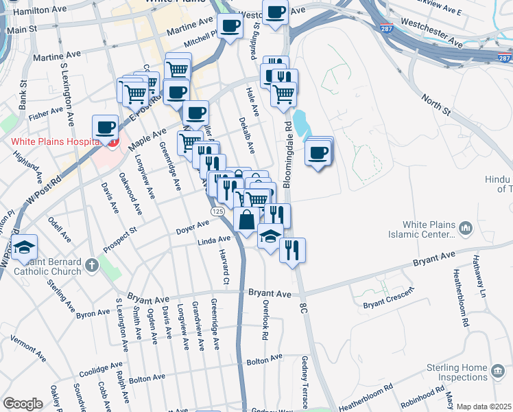 map of restaurants, bars, coffee shops, grocery stores, and more near 172 South Broadway in White Plains
