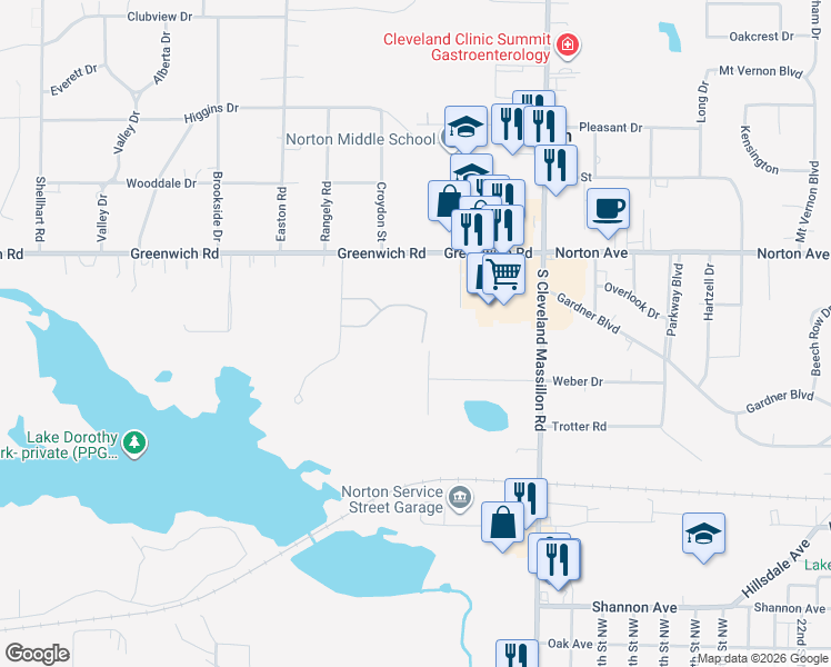 map of restaurants, bars, coffee shops, grocery stores, and more near 3357 Columbia Woods Drive in Norton