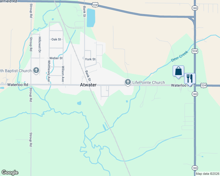 map of restaurants, bars, coffee shops, grocery stores, and more near 6420 Waterloo Rd in Atwater
