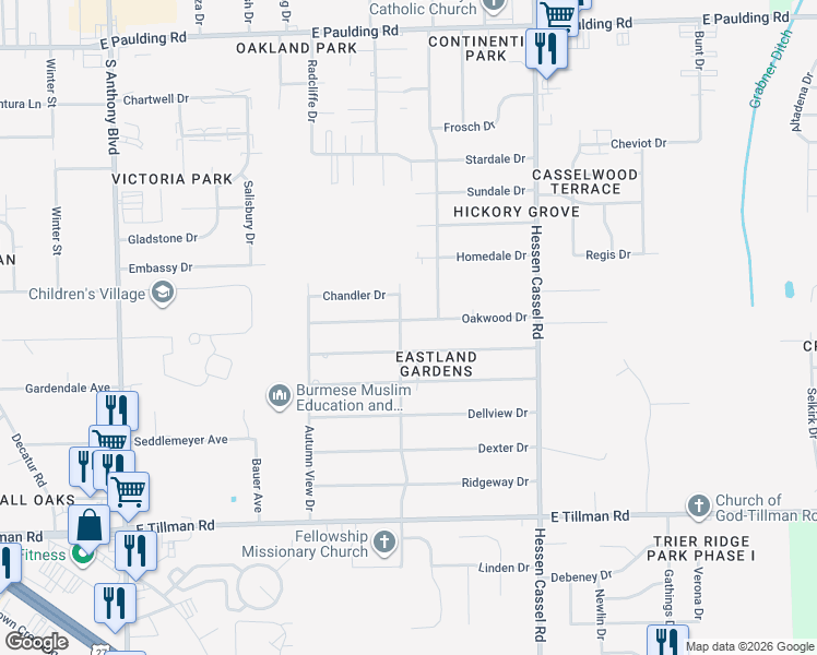 map of restaurants, bars, coffee shops, grocery stores, and more near 2802 Oakwood Drive in Fort Wayne