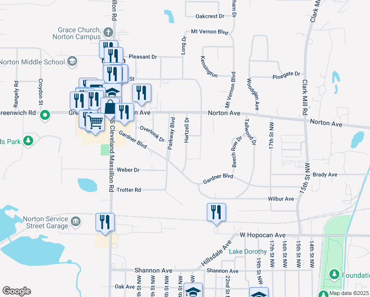 map of restaurants, bars, coffee shops, grocery stores, and more near 557 Hartzell Drive in Norton