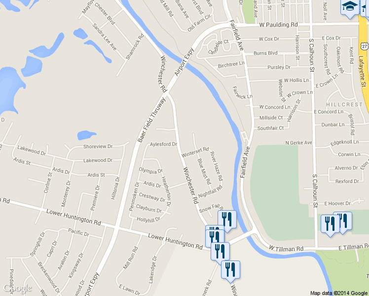 map of restaurants, bars, coffee shops, grocery stores, and more near 6731 Winchester Road in Fort Wayne