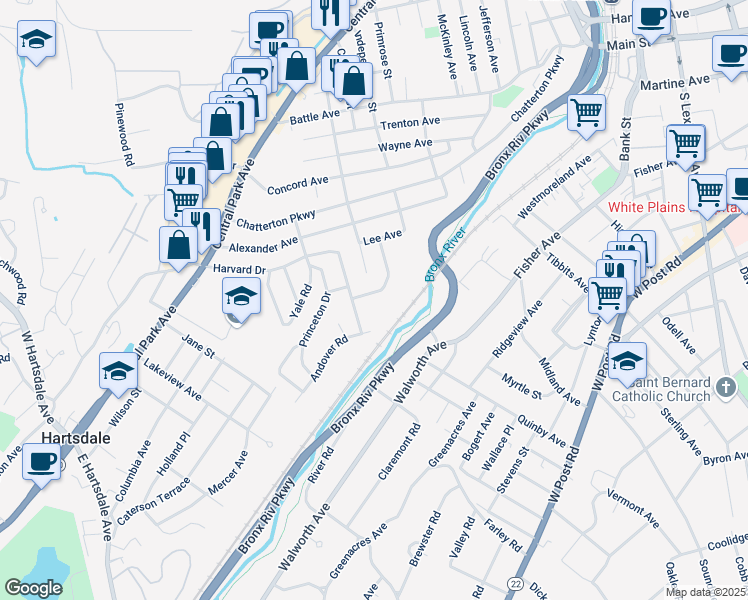 map of restaurants, bars, coffee shops, grocery stores, and more near 1 Newcomb Place in White Plains