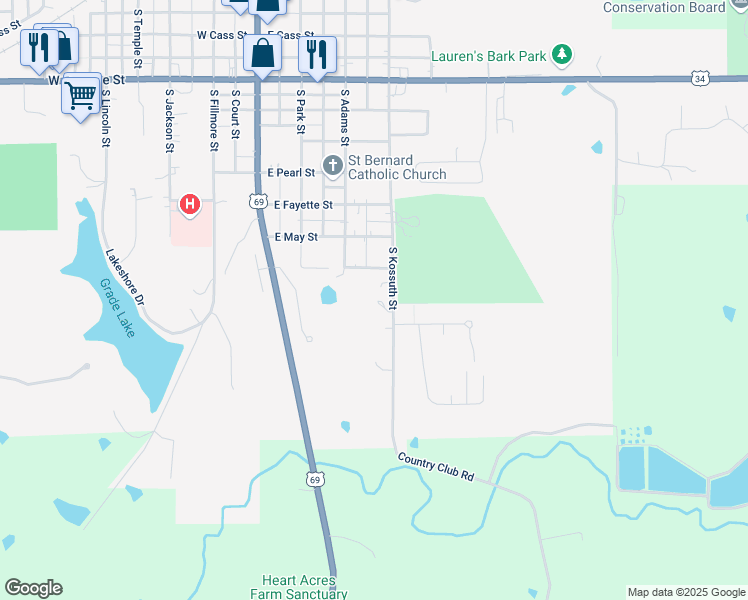 map of restaurants, bars, coffee shops, grocery stores, and more near 1028 South Kossuth Street in Osceola