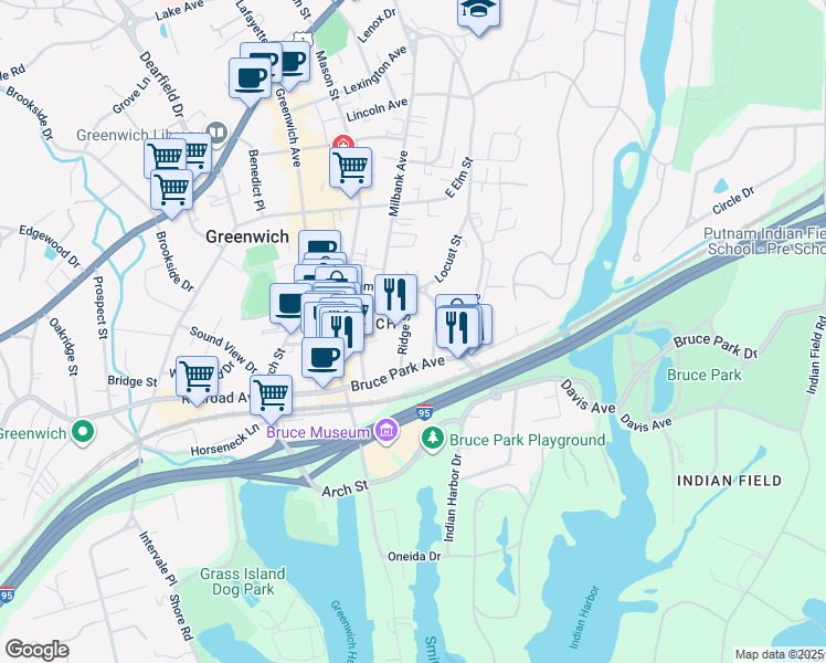map of restaurants, bars, coffee shops, grocery stores, and more near 31 Ridge Street in Greenwich