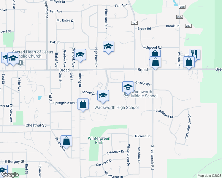 map of restaurants, bars, coffee shops, grocery stores, and more near 625 Broad Street in Wadsworth