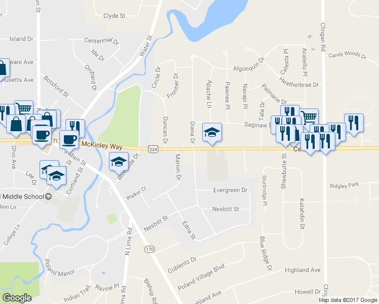 map of restaurants, bars, coffee shops, grocery stores, and more near 6510 Diana Drive in Youngstown