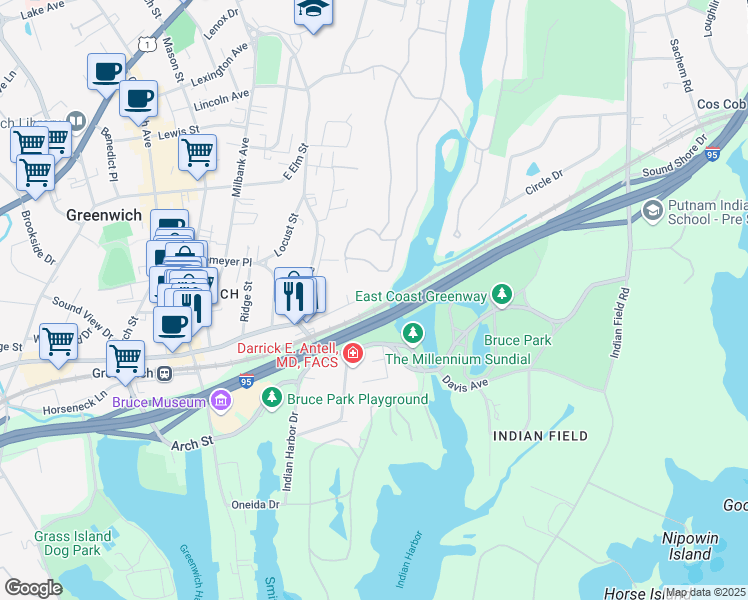 map of restaurants, bars, coffee shops, grocery stores, and more near 290 Bruce Park Avenue in Greenwich