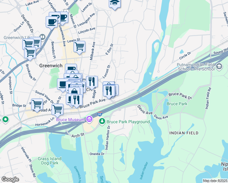 map of restaurants, bars, coffee shops, grocery stores, and more near 288 Davis Avenue in Greenwich