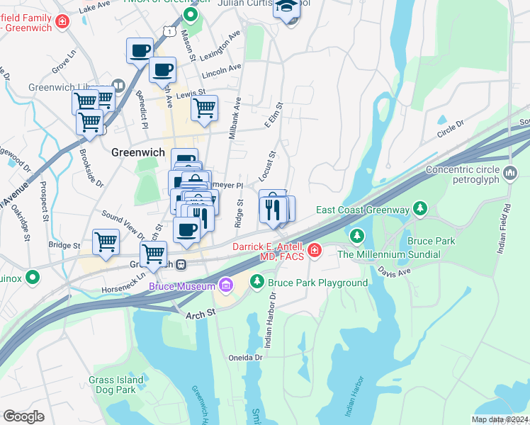 map of restaurants, bars, coffee shops, grocery stores, and more near 288 Davis Avenue in Greenwich