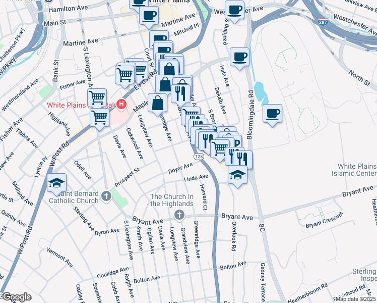 map of restaurants, bars, coffee shops, grocery stores, and more near 41 Greenridge Avenue in White Plains