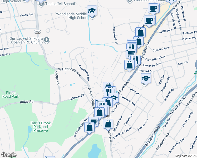 map of restaurants, bars, coffee shops, grocery stores, and more near 60 Pinewood Road in Hartsdale