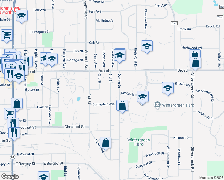map of restaurants, bars, coffee shops, grocery stores, and more near 161 3rd Street in Wadsworth