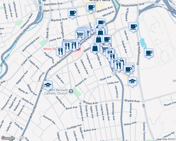 map of restaurants, bars, coffee shops, grocery stores, and more near 29 Oakwood Avenue in White Plains