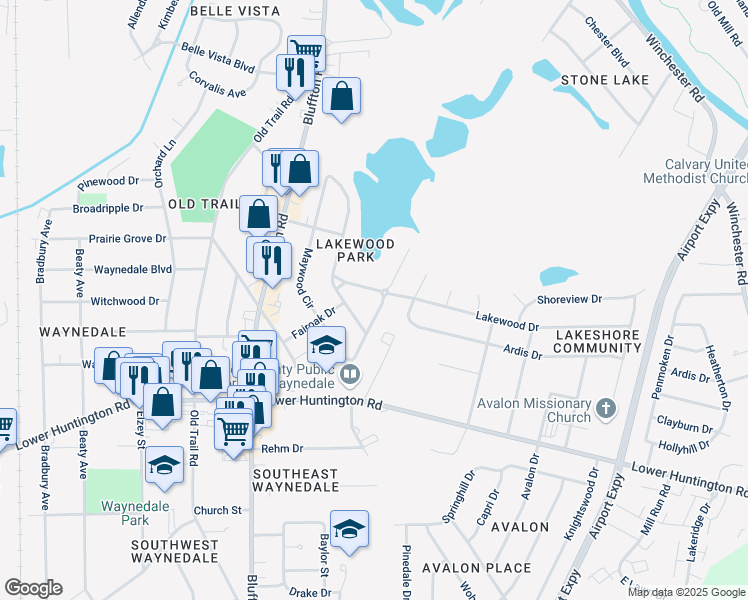 map of restaurants, bars, coffee shops, grocery stores, and more near 2105 Lakewood Drive in Fort Wayne