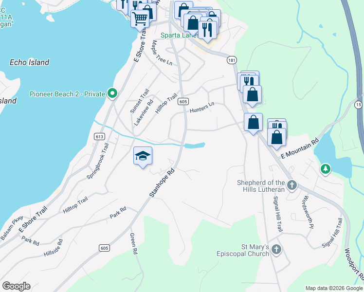 map of restaurants, bars, coffee shops, grocery stores, and more near 88 Stanhope Sparta Road in Sparta