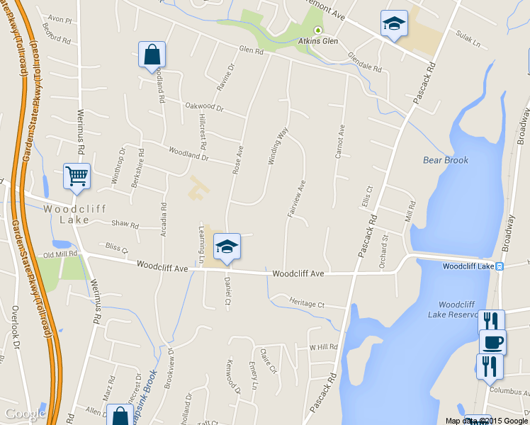 map of restaurants, bars, coffee shops, grocery stores, and more near 99 Winding Way in Woodcliff Lake