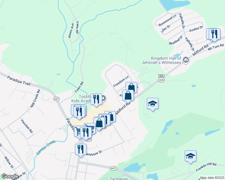 map of restaurants, bars, coffee shops, grocery stores, and more near 131 American Way in East Stroudsburg