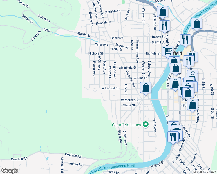map of restaurants, bars, coffee shops, grocery stores, and more near 102 West 5th Street in Clearfield