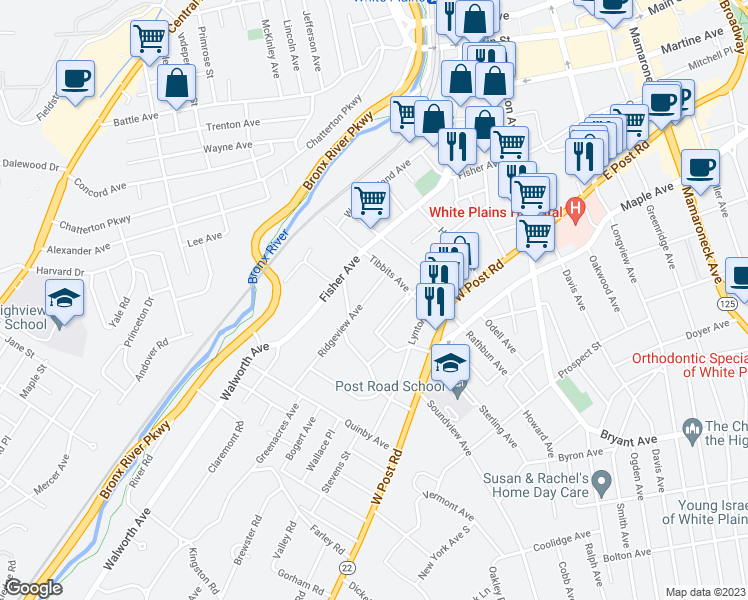 map of restaurants, bars, coffee shops, grocery stores, and more near 7 Ridgeview Avenue in White Plains