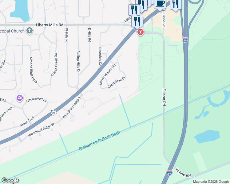 map of restaurants, bars, coffee shops, grocery stores, and more near 9433 Marydale Lane in Fort Wayne