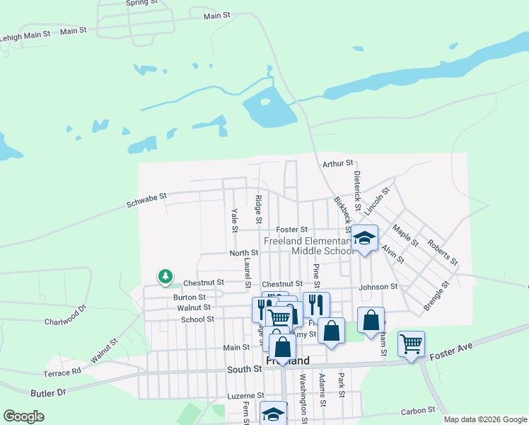 map of restaurants, bars, coffee shops, grocery stores, and more near 1154 Ridge St in Freeland