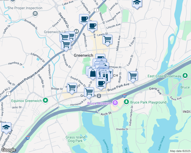 map of restaurants, bars, coffee shops, grocery stores, and more near 37 Arch Street in Greenwich