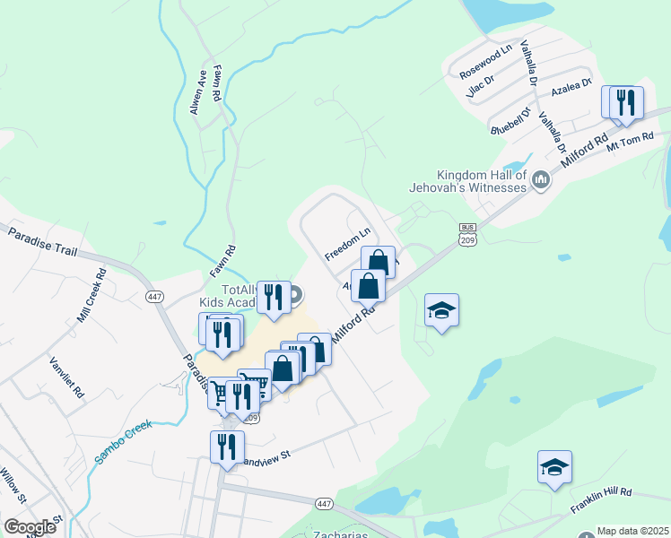 map of restaurants, bars, coffee shops, grocery stores, and more near 202 American Way in East Stroudsburg