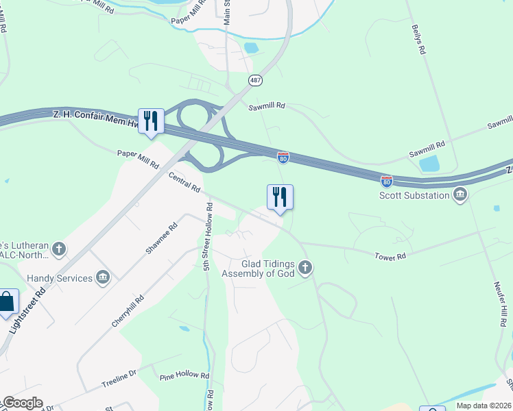 map of restaurants, bars, coffee shops, grocery stores, and more near 801-899 Central Rd in Bloomsburg