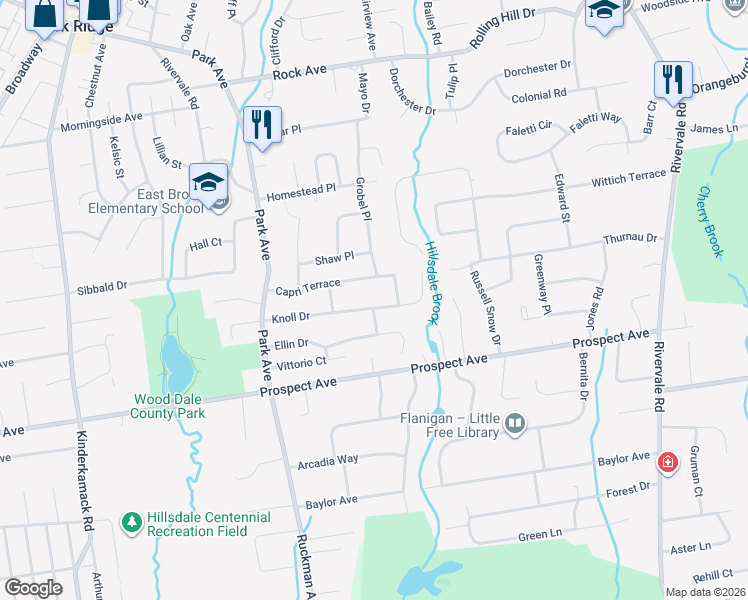 map of restaurants, bars, coffee shops, grocery stores, and more near 249 Knoll Drive in Park Ridge