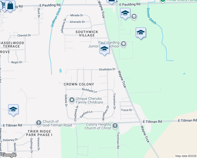 map of restaurants, bars, coffee shops, grocery stores, and more near 4520 Ardon Court in Fort Wayne