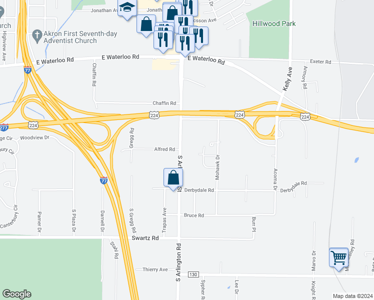 map of restaurants, bars, coffee shops, grocery stores, and more near 1775 South Arlington Street in Akron