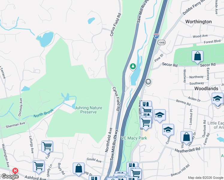 map of restaurants, bars, coffee shops, grocery stores, and more near 400 Cyrus Field Road in Irvington