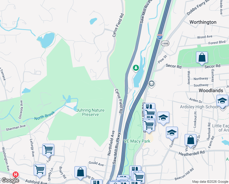 map of restaurants, bars, coffee shops, grocery stores, and more near 400 Cyrus Field Road in Irvington