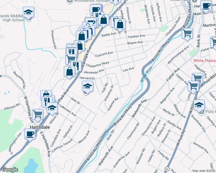 map of restaurants, bars, coffee shops, grocery stores, and more near 100 Yale Road in Hartsdale