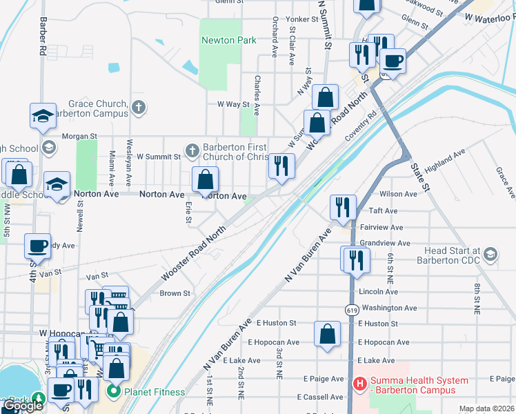 map of restaurants, bars, coffee shops, grocery stores, and more near in Barberton