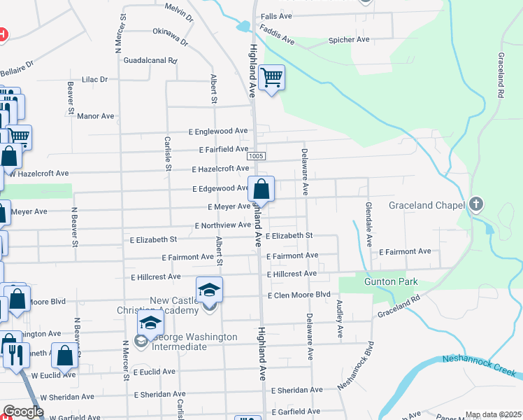 map of restaurants, bars, coffee shops, grocery stores, and more near 2206 Highland Avenue in New Castle