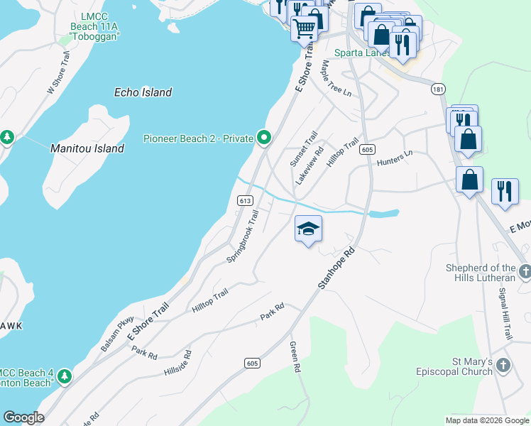 map of restaurants, bars, coffee shops, grocery stores, and more near 13 Log Cabin Terrace in Sparta