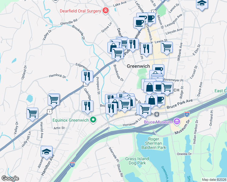 map of restaurants, bars, coffee shops, grocery stores, and more near 5a Idar Court in Greenwich