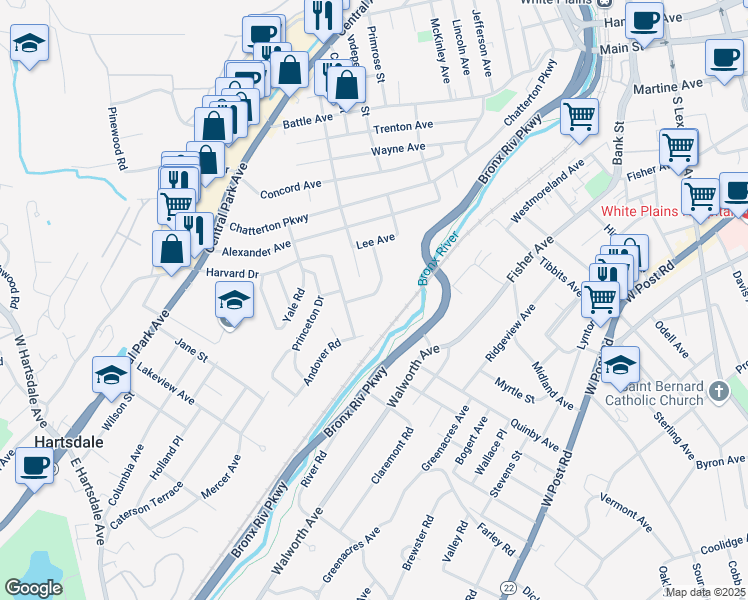 map of restaurants, bars, coffee shops, grocery stores, and more near 1 Newcomb Place in White Plains