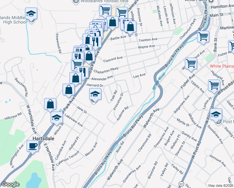 map of restaurants, bars, coffee shops, grocery stores, and more near 100 Yale Road in Hartsdale
