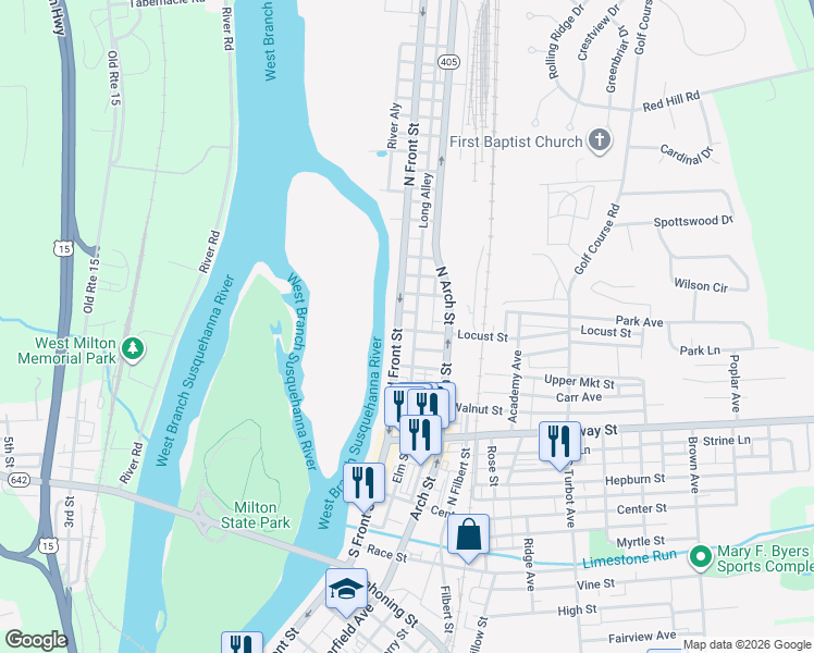 map of restaurants, bars, coffee shops, grocery stores, and more near 1-27 Locust Street in Milton