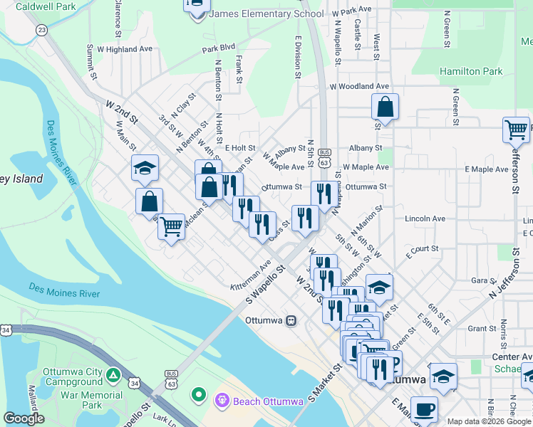 map of restaurants, bars, coffee shops, grocery stores, and more near 528 West 4th Street in Ottumwa