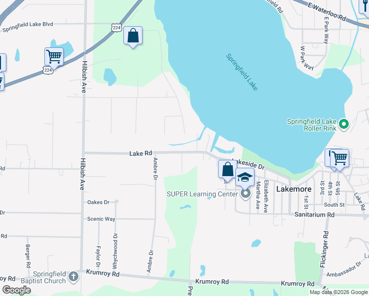 map of restaurants, bars, coffee shops, grocery stores, and more near 2261 Lake Road in Akron
